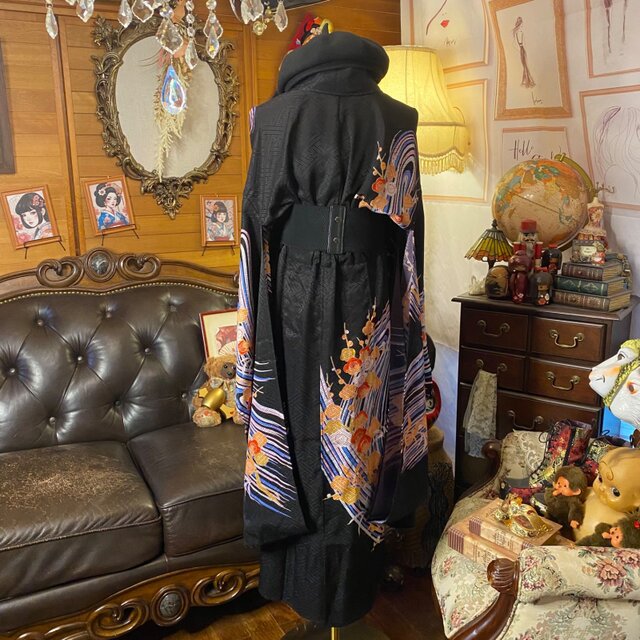 単衣振袖 着物リメイクワンピース ドレス ロング 和洋折衷 洗える 化繊