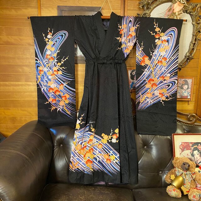 単衣振袖 着物リメイクワンピース ドレス ロング 和洋折衷 洗える 化繊