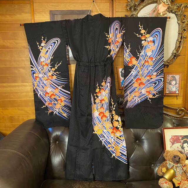 単衣振袖 着物リメイクワンピース ドレス ロング 和洋折衷 洗える 化繊