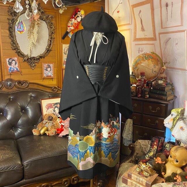 和洋折衷 黒留袖 着物 リメイク ワンピース ドレス 洗える 化繊 黒場に