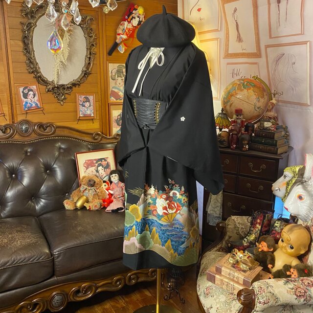 和洋折衷 黒留袖 着物 リメイク ワンピース ドレス 洗える 化繊 黒場に