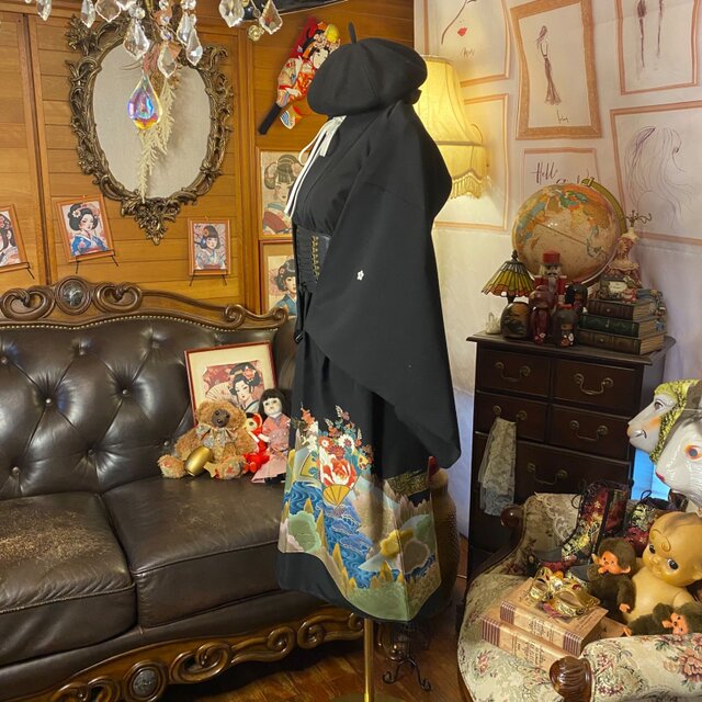 和洋折衷 黒留袖 着物 リメイク ワンピース ドレス 洗える 化繊 黒場に