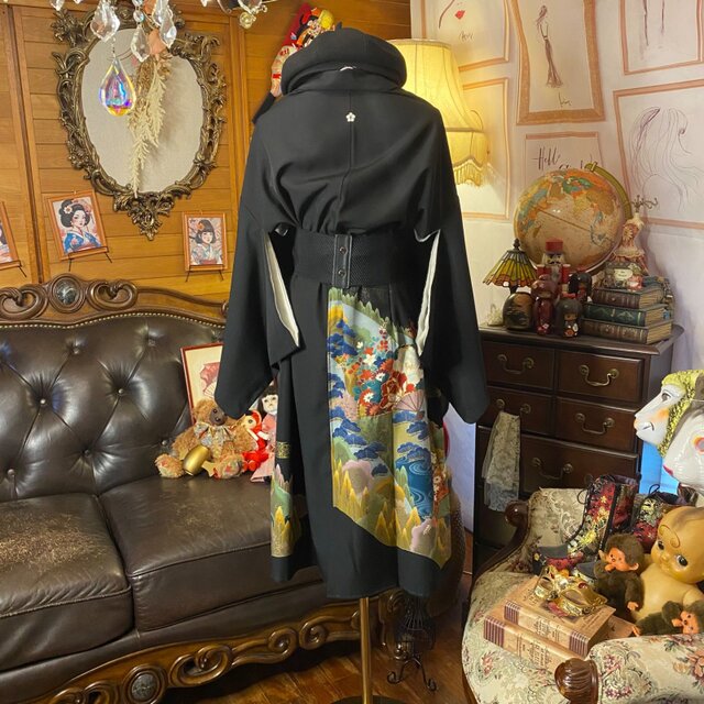 和洋折衷 黒留袖 着物 リメイク ワンピース ドレス 洗える 化繊 黒場に