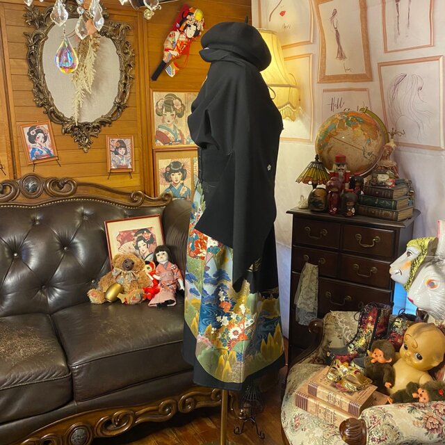 和洋折衷 黒留袖 着物 リメイク ワンピース ドレス 洗える 化繊 黒場に