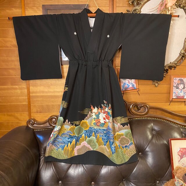 和洋折衷 黒留袖 着物 リメイク ワンピース ドレス 洗える 化繊 黒場に