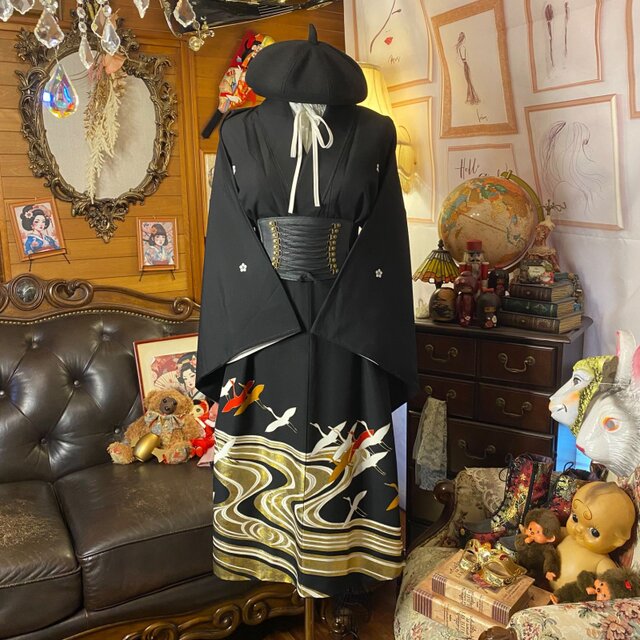 和洋折衷 黒留袖 着物 リメイク ワンピース ドレス 洗える 化繊 漆黒に