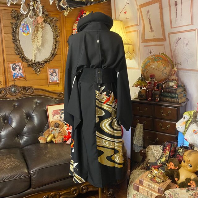 和洋折衷 黒留袖 着物 リメイク ワンピース ドレス 洗える 化繊 漆黒に