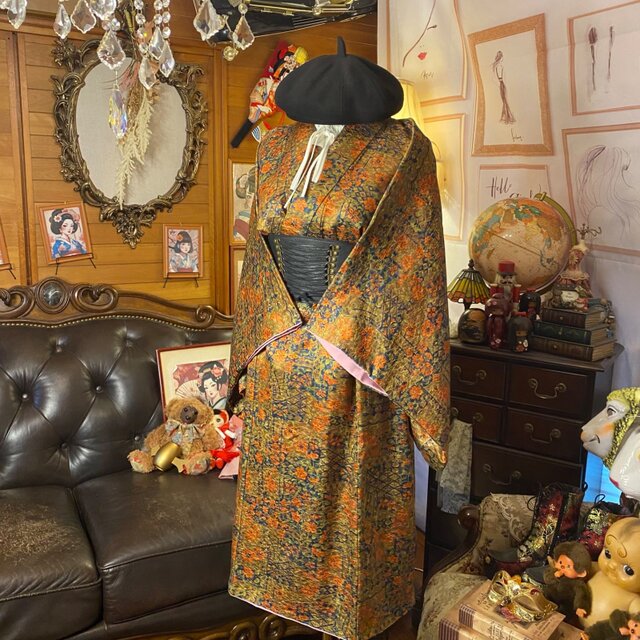 着物リメイクセットアップ ツーピース 2部式 スカート レトロ 古着