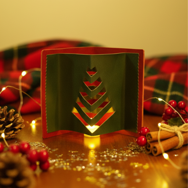 革のクリスマスポップアップデコレーション ― LEDキャンドル付きツリーオブジェ