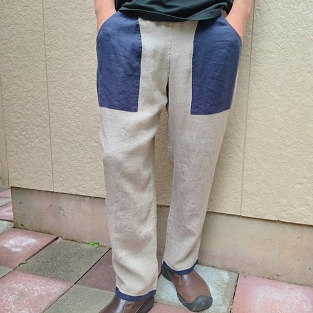 ロング麻パンツ（生成り×ナス紺）