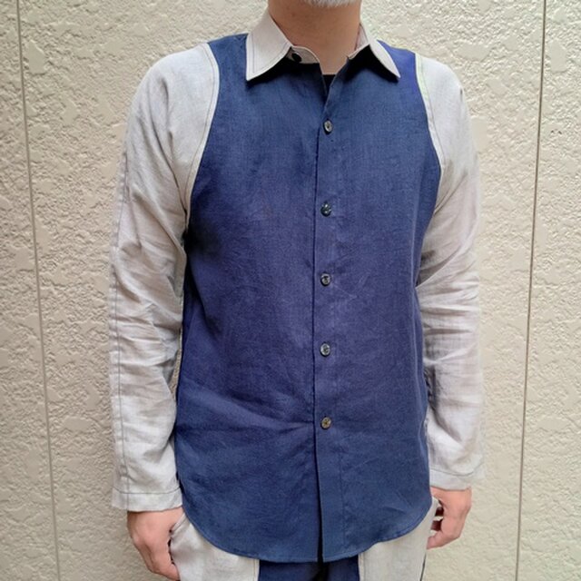 長袖麻シャツ（ナス紺×生成り）