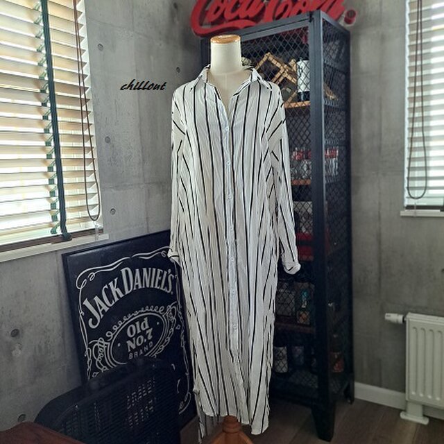 【ロングシャツワンピ】モノトーンストライプ【0991】