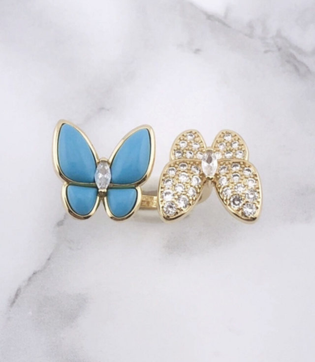 幸せのパピヨン【高品質！送料無料！当日配送！】二連リング　ターコイズ　クローバー