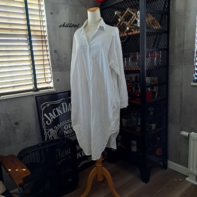 【ロングワンピース】シャツワンピ：コットン：ホワイト【0992】