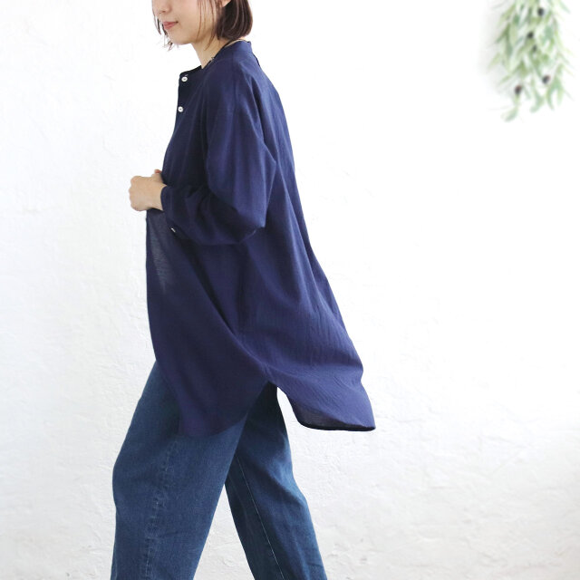 とろける着心地 東炊き綿ローン チュニック丈ロングシャツ（ネイビー