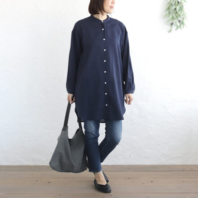 とろける着心地 東炊き綿ローン チュニック丈ロングシャツ（ネイビー