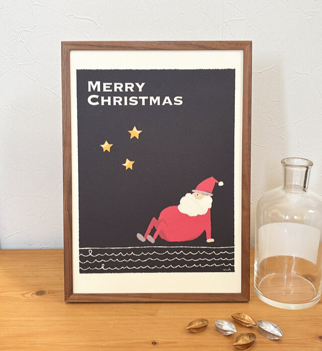 【クリスマスポスター】【クリスマス】絵本みたいな屋根の上のサンタポスター☆＊A4のコピー