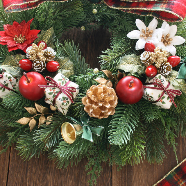 グリーン×レッド王道クリスマスリース30cm アーティフィシャルフラワー