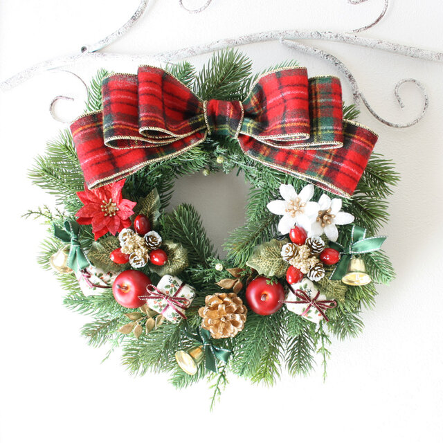 グリーン×レッド王道クリスマスリース30cm アーティフィシャルフラワー