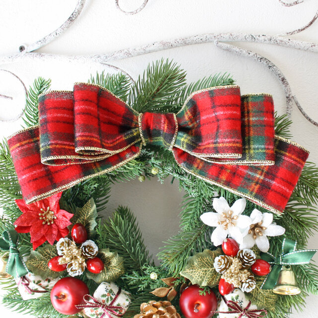 グリーン×レッド王道クリスマスリース30cm アーティフィシャルフラワー
