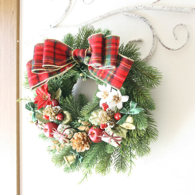 クリスマスリース 赤と緑のアレンジメント グリーン×レッド王道クリスマスリース30cm アーティフィシャルフラワー