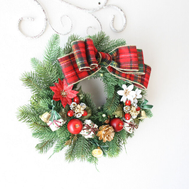 グリーン×レッド王道クリスマスリース30cm アーティフィシャルフラワー