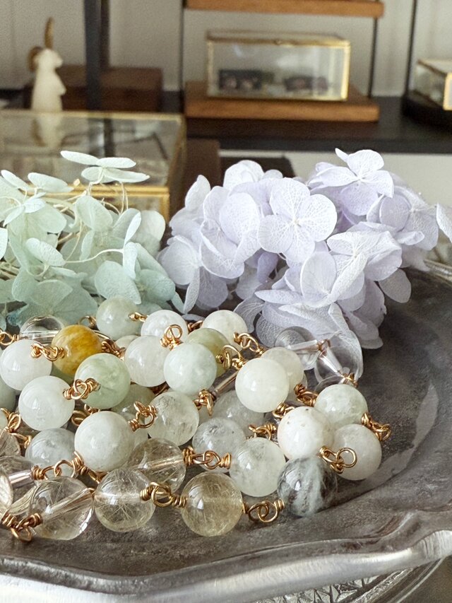 【3・4月月の誕生石】3Wayアクセ：ミルキーアクアマリンの癒しと力強さ ― ルチルクォーツ・水晶ロングネックレス