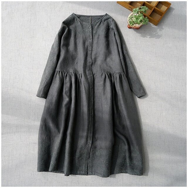 リネン100%ポケット付き総刺繍ゆったり着られる前開き大人可愛い春ワンピース♪