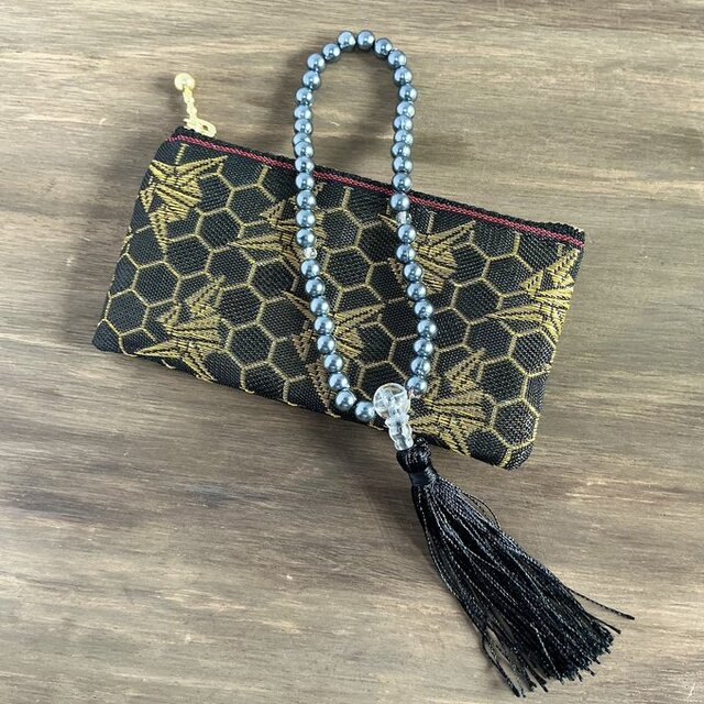 折り鶴】畳縁 ミニポーチ カードケース 小銭入れ 数珠入れ 黒 金