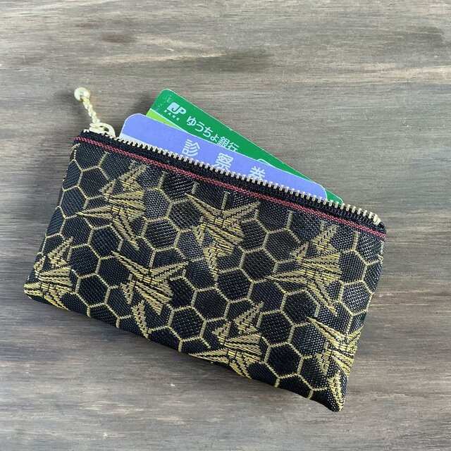 折り鶴】畳縁 ミニポーチ カードケース 小銭入れ 数珠入れ 黒 金
