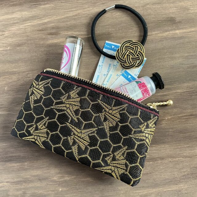 折り鶴】畳縁 ミニポーチ カードケース 小銭入れ 数珠入れ 黒 金 亀甲