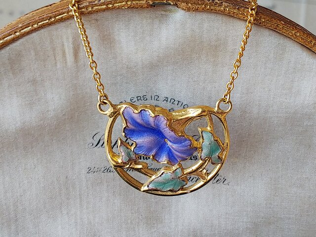 フランスアンティークお花ネックレス フランスヴィンテージ エナメル・青い朝顔のお花 チョーカーネックレス