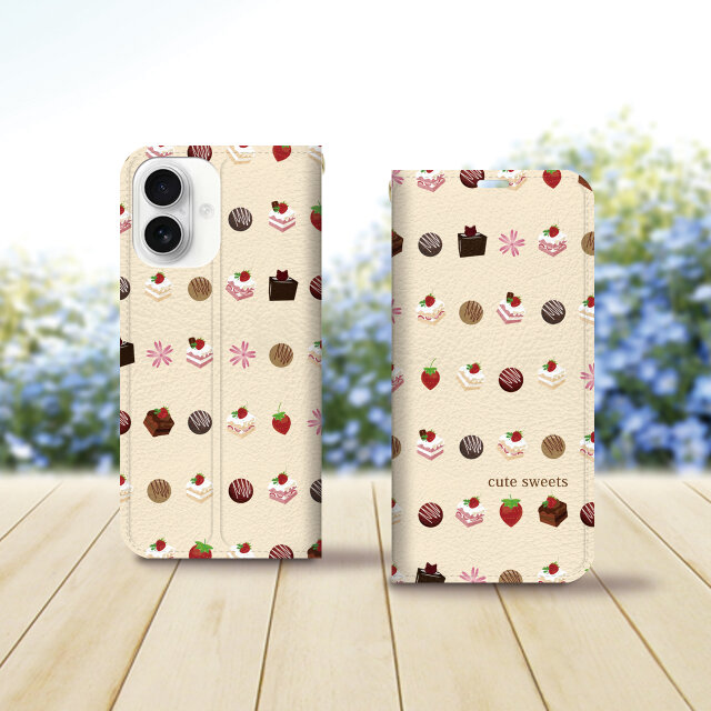 帯なし iPhone 手帳型スマホケース （カメラ穴あり/はめ込みタイプ）【cute sweets（シャンパンカラー）】