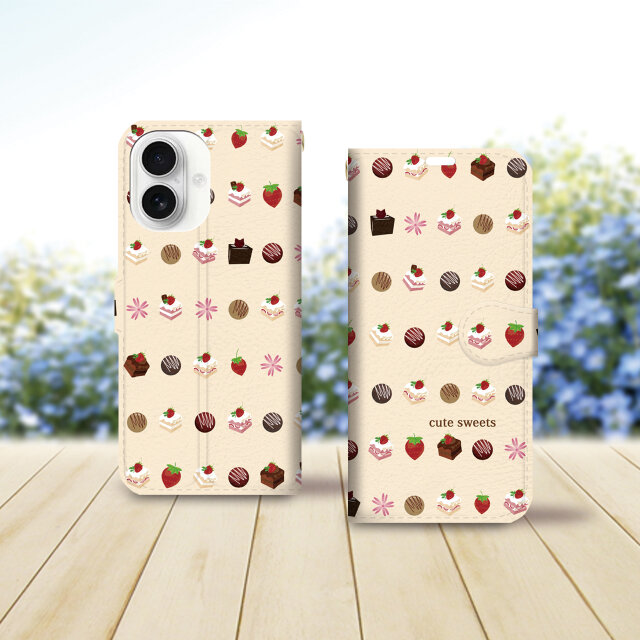 iPhone専用 手帳型スマホケース （カメラ穴あり/はめ込み式/スタンド機能付き）-cute sweets（シャンパンカラー）