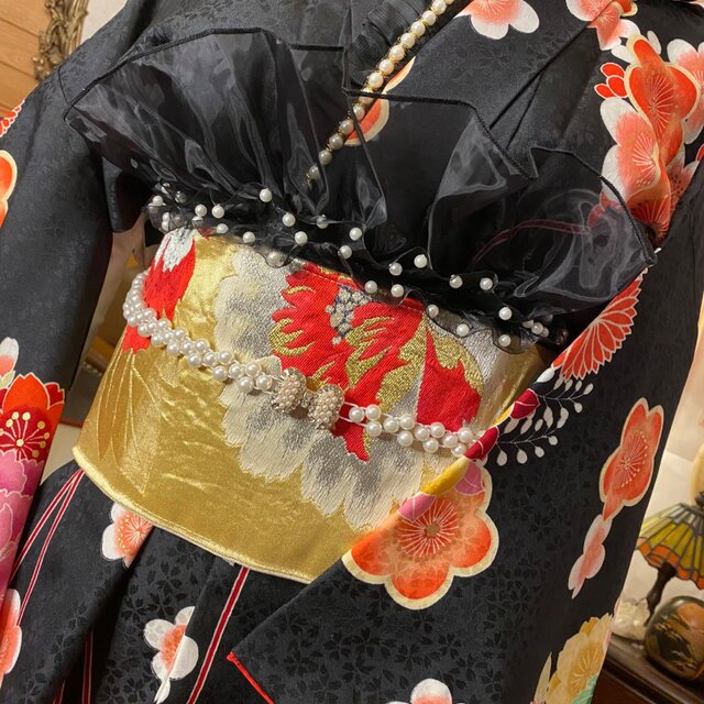 振袖 着物 セミロングワンピース ドレス 2部式ローズ/バラ作り帯