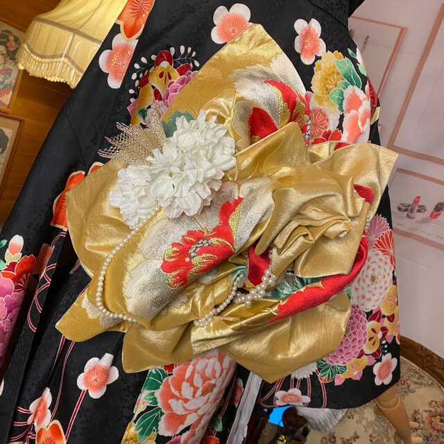 振袖 着物 セミロングワンピース ドレス 2部式ローズ/バラ作り帯
