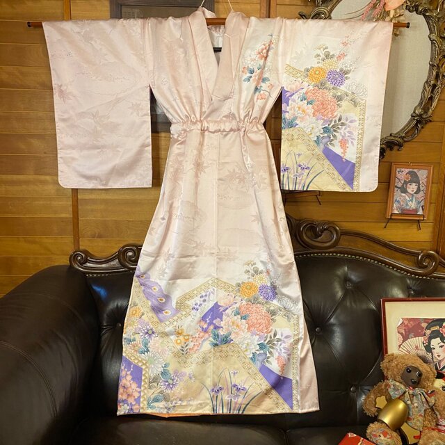 着物リメイクワンピース3477 和洋折衷 着物 リメイク ロング 丈 ワンピース ドレス 洗える