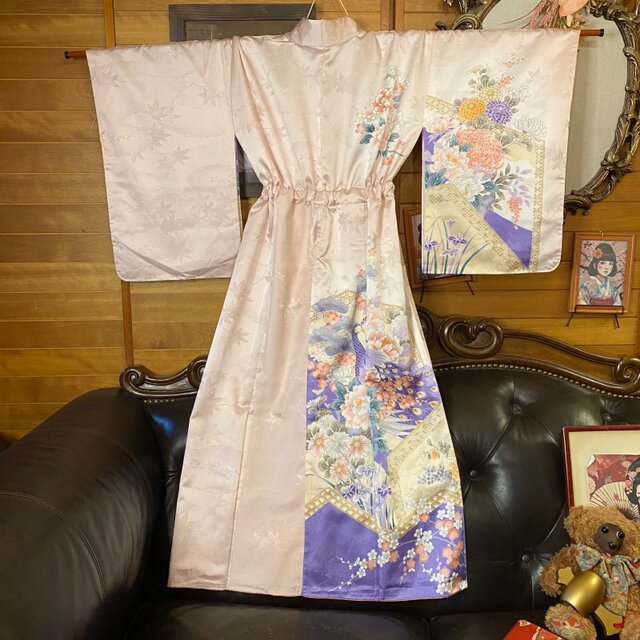 付け下げ着物リメイクワンピース ドレス ロング 洗える化繊 +