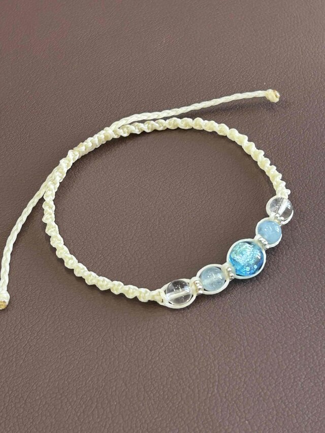 蓄光ホタルガラス・アクアマリン・天然水晶　編み込みブレスレット　
