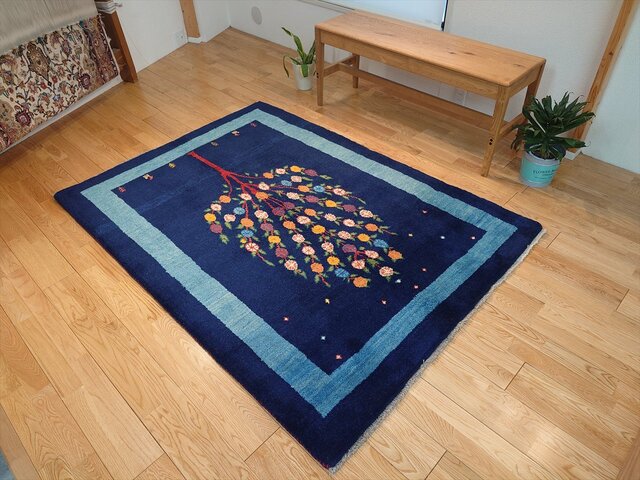ペルシャ ギャッベ リビングサイズ ラグ 173x125㎝ ザクロの木 青色