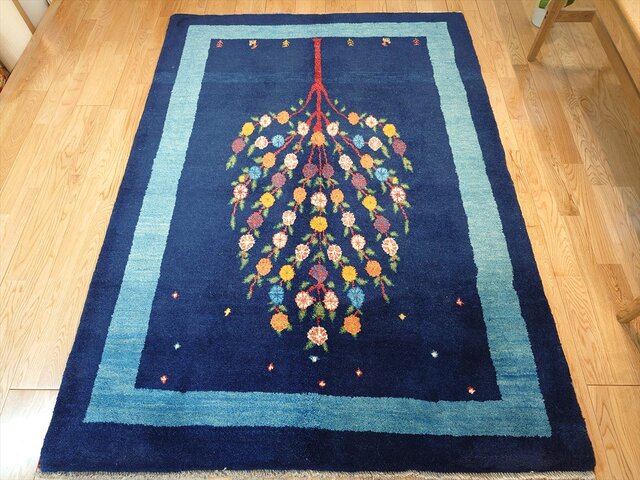 ペルシャ ギャッベ リビングサイズ ラグ 173x125㎝ ザクロの木 青色