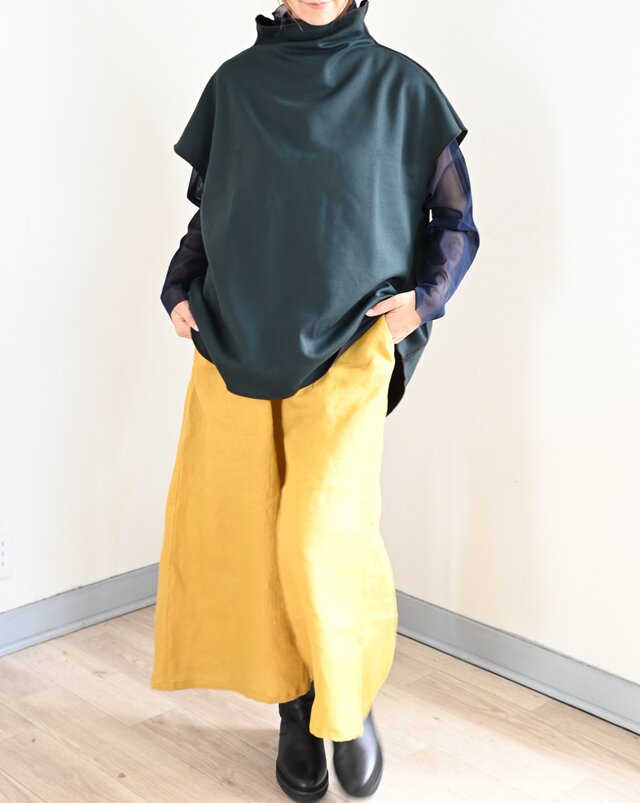 リネンミドル丈ワイドフレアパンツ：マスタードイエロー | iichi 日々