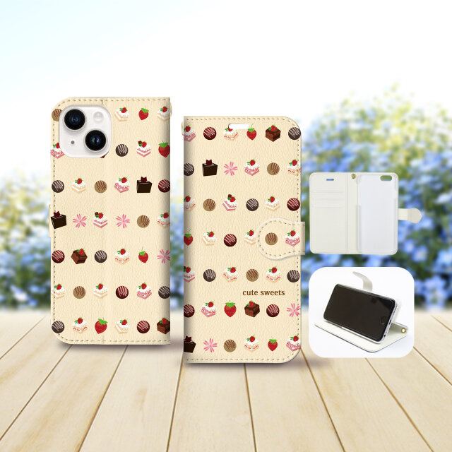 iPhone専用 手帳型スマホケース 【内側色：ホワイト仕様】カメラ穴有【cute sweets（シャンパンカラー）】