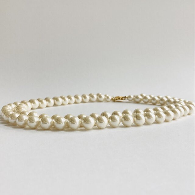 ガラスパール2連オールノットネックレス/10mm約45/50cm/クリーム/made in japan vintage