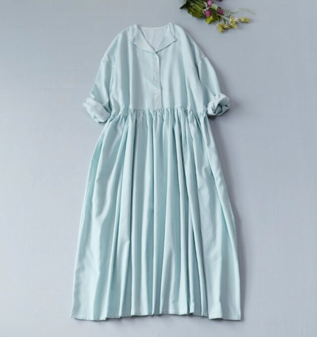 コットン100%ストライプシンプルな大人可愛い長袖ワンピース♪ | iichi