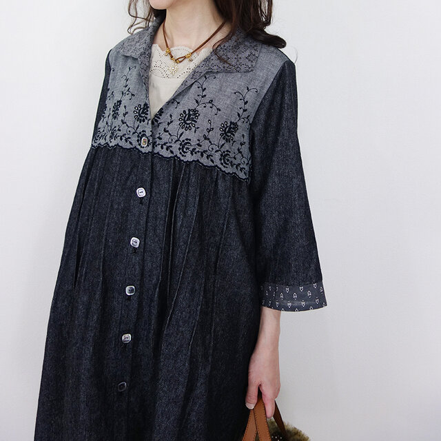 [予約販売] コットンリネンブラックデニム・スカラップタックのイレギュラーヘム羽織りブラウス