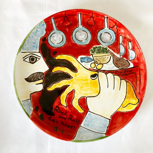 絵皿 26cm ART001 コウイカ vs Italian Chef マヨリカ焼き イタリア陶器 ウォールプレート　飾り皿