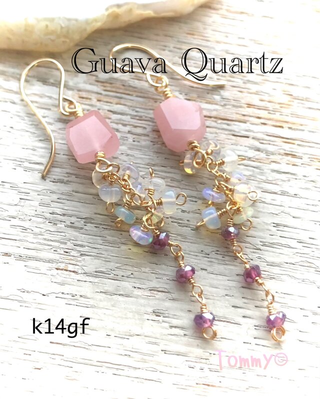 14kgf グァバクォーツとガーネットのロングピアス