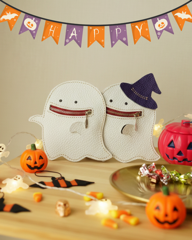 ハロウィンにぴったり！いたずら好きな本革レザー　ゴーストのカード＆コインケース