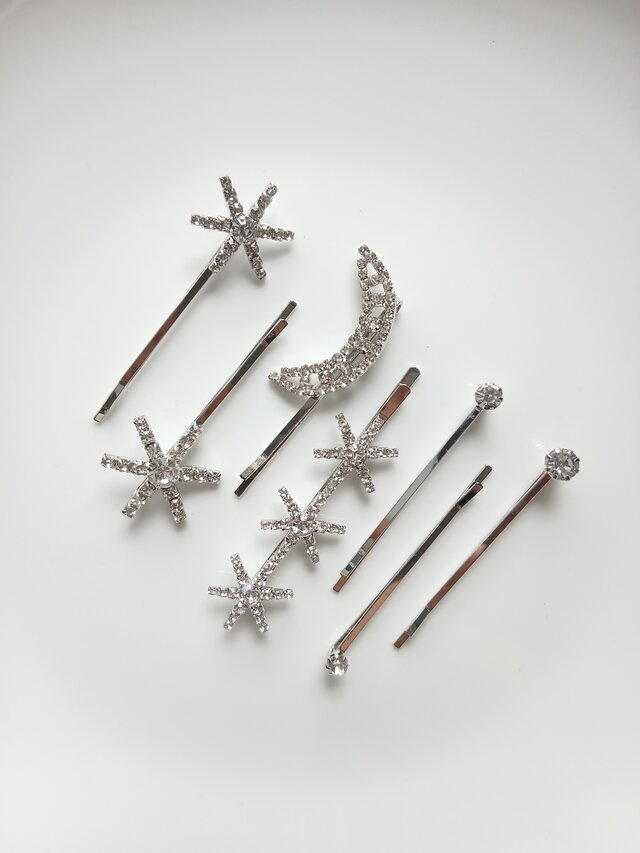 シルバー スター＆ムーン ヘアピン 7本セット ― ブライダル／ウエディング 髪飾り